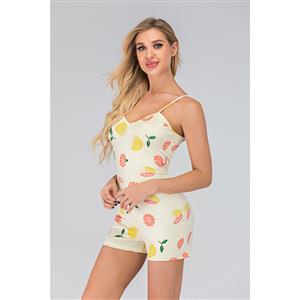 Fashion Casual Yellow Spaghetti Straps V Neck Print Short Swimsuit Boxer Jumpsuit N20504