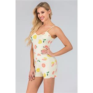 Fashion Casual Yellow Spaghetti Straps V Neck Print Short Swimsuit Boxer Jumpsuit N20504