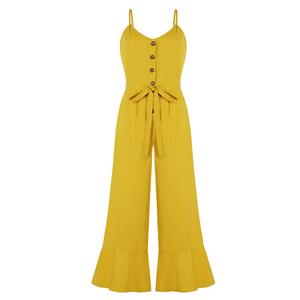 Fashion Casual Yellow Spaghetti Straps Bandage Holiday Beach Flared Wide-leg Jumpsuit N19412