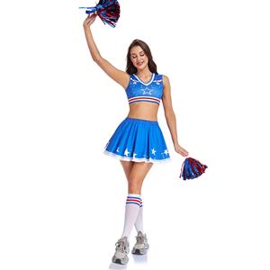 Women's Cheerleader Costume Set - Blue Star Top with Matching Skirt and Striped Socks N23806