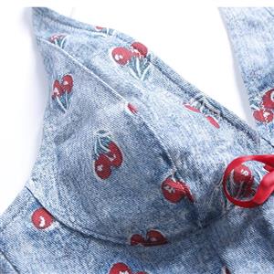 Cherry Print Denim Halter Corset Top with Red Lace-up N23928