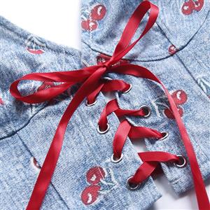 Cherry Print Denim Halter Corset Top with Red Lace-up N23928