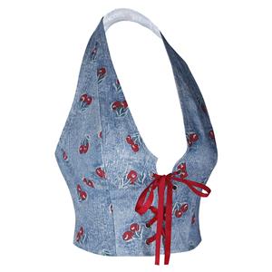 Cherry Print Denim Halter Corset Top with Red Lace-up N23928