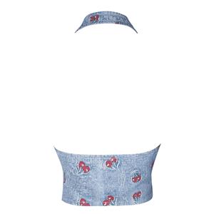 Cherry Print Denim Halter Corset Top with Red Lace-up N23928