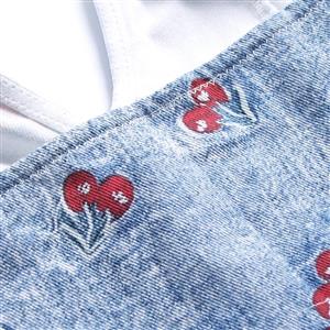 Cherry Print Denim Halter Corset Top with Red Lace-up N23928