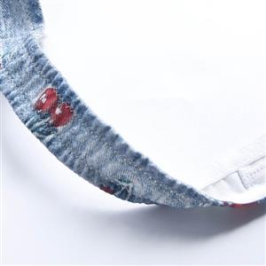 Cherry Print Denim Halter Corset Top with Red Lace-up N23928