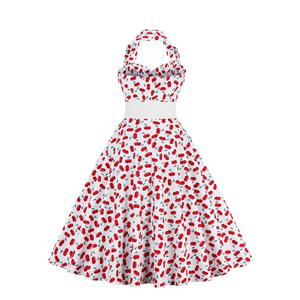 Vintage Red Cherry Printing Hanging Neck Backless Cocktail Party Midi Dress N23006
