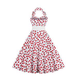 Vintage Red Cherry Printing Hanging Neck Backless Cocktail Party Midi Dress N23006