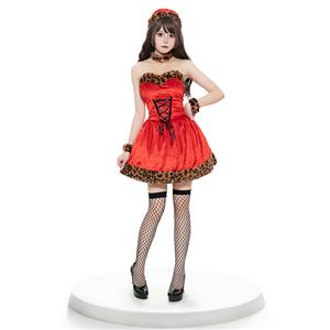 Leopard Print Christmas Costume Set - Red Dress with Cat Ear Headband, Choker & Wrist Cuffs XT237837