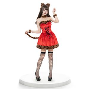 Leopard Print Christmas Costume Set - Red Dress with Cat Ear Headband, Choker & Wrist Cuffs XT237837