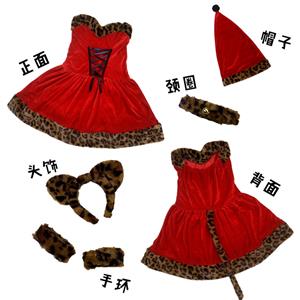 Leopard Print Christmas Costume Set - Red Dress with Cat Ear Headband, Choker & Wrist Cuffs XT237837