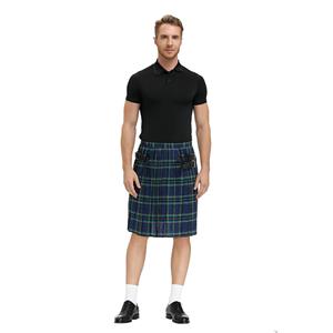 Men's Classic Blue Plaid Pleated Skirt Scottish Holiday Mid Waist Tartan Utility Kilt N20766