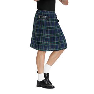 Men's Classic Blue Plaid Pleated Skirt Scottish Holiday Mid Waist Tartan Utility Kilt N20766