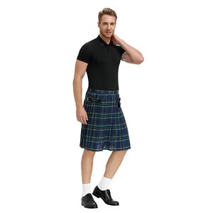 Men's Classic Blue Plaid Pleated Skirt Scottish Holiday Mid Waist Tartan Utility Kilt N20766