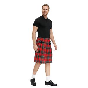 Men's Classic Red Plaid Pleated Skirt Scottish Holiday Mid Waist Tartan Utility Kilt N20767