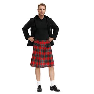 Men's Classic Red Plaid Pleated Skirt Scottish Holiday Mid Waist Tartan Utility Kilt N20767