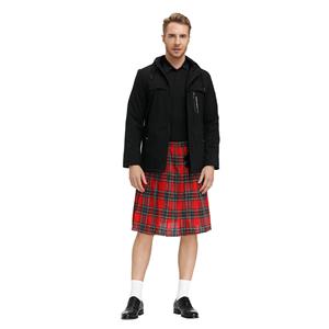 Men's Classic Red Plaid Pleated Skirt Scottish Holiday Mid Waist Tartan Utility Kilt N20767