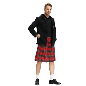 Men's Classic Red Plaid Pleated Skirt Scottish Holiday Mid Waist Tartan Utility Kilt N20767