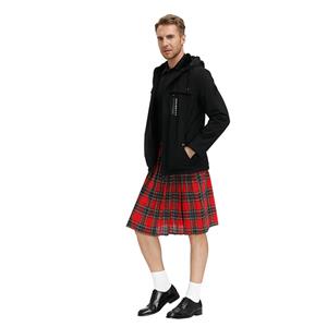 Men's Classic Red Plaid Pleated Skirt Scottish Holiday Mid Waist Tartan Utility Kilt N20767