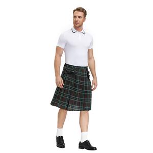 Men's Classic Brown Plaid Pleated Skirt Scottish Holiday Mid Waist Tartan Utility Kilt N20769