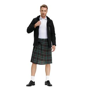 Men's Classic Brown Plaid Pleated Skirt Scottish Holiday Mid Waist Tartan Utility Kilt N20769