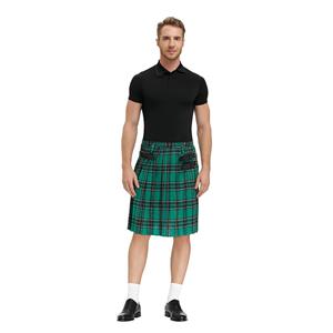 Men's Classic Green Plaid Pleated Skirt Scottish Holiday Mid Waist Tartan Utility Kilt N20768