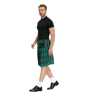 Men's Classic Green Plaid Pleated Skirt Scottish Holiday Mid Waist Tartan Utility Kilt N20768