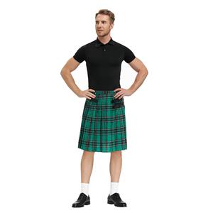 Men's Classic Green Plaid Pleated Skirt Scottish Holiday Mid Waist Tartan Utility Kilt N20768