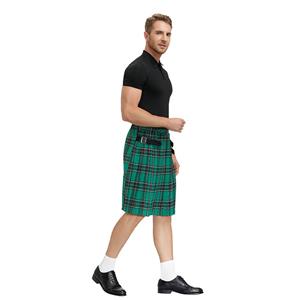 Men's Classic Green Plaid Pleated Skirt Scottish Holiday Mid Waist Tartan Utility Kilt N20768