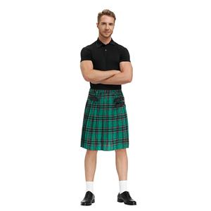 Men's Classic Green Plaid Pleated Skirt Scottish Holiday Mid Waist Tartan Utility Kilt N20768