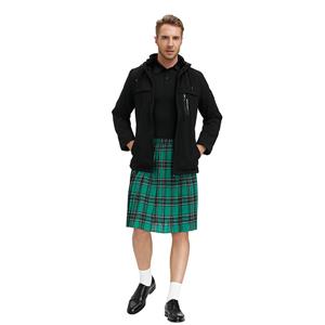 Men's Classic Green Plaid Pleated Skirt Scottish Holiday Mid Waist Tartan Utility Kilt N20768