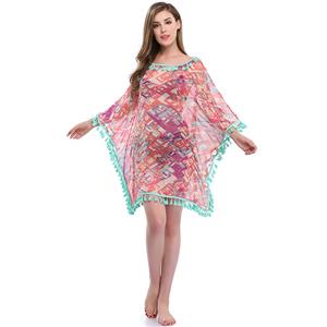 Charming Women's Colorblock See-through Mesh Tassel Chiffon Cover Up N14146