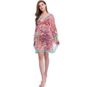 Charming Women's Colorblock See-through Mesh Tassel Chiffon Cover Up N14146