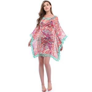 Charming Women's Colorblock See-through Mesh Tassel Chiffon Cover Up N14146