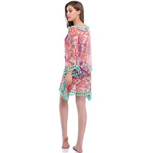 Charming Women's Colorblock See-through Mesh Tassel Chiffon Cover Up N14146