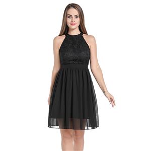 Elegant Lace and See-through Chiffon Sleeveless Cutaway Shoulders Cocktail Little Black Dress N20058