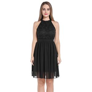 Elegant Lace and See-through Chiffon Sleeveless Cutaway Shoulders Cocktail Little Black Dress N20058