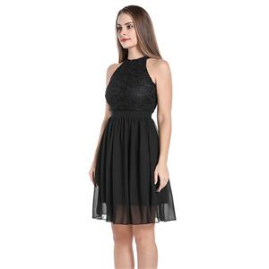 Elegant Lace and See-through Chiffon Sleeveless Cutaway Shoulders Cocktail Little Black Dress N20058