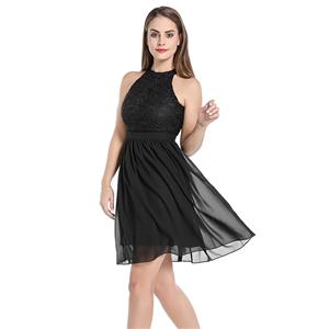 Elegant Lace and See-through Chiffon Sleeveless Cutaway Shoulders Cocktail Little Black Dress N20058