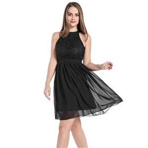 Elegant Lace and See-through Chiffon Sleeveless Cutaway Shoulders Cocktail Little Black Dress N20058