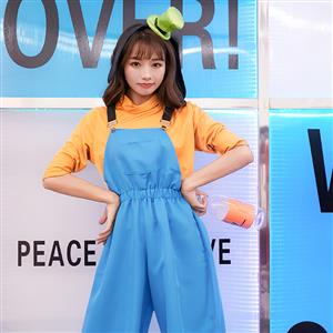 3pcs Cute Women's Orange Long Sleeve Shirt and Blue Bib Pants Cosplay Set  N19458