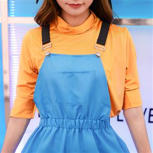 3pcs Cute Women's Orange Long Sleeve Shirt and Blue Bib Pants Cosplay Set  N19458