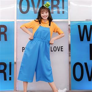 3pcs Cute Women's Orange Long Sleeve Shirt and Blue Bib Pants Cosplay Set  N19458