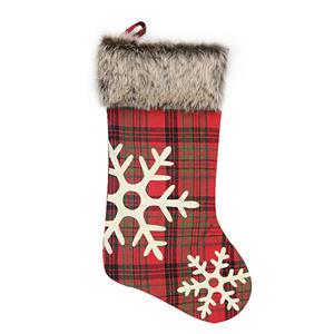 Cute Red Plaid Cloth Plush Snowflake Pattern Christmas Socks Festival Ornament Accessory XT19831