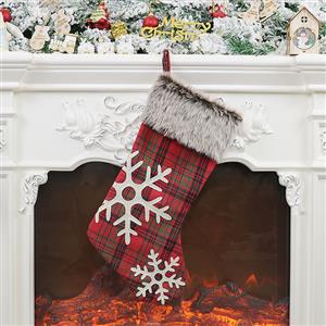 Cute Red Plaid Cloth Plush Snowflake Pattern Christmas Socks Festival Ornament Accessory XT19831