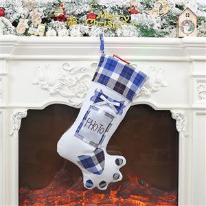 Cute Blue Plaid Cloth Dog Claw Christmas Socks Festival Ornament Accessory XT19833