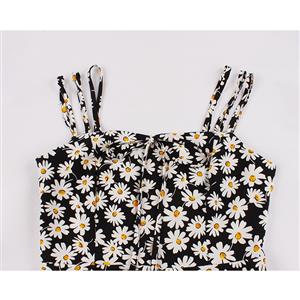 Cute Daisy Print Spaghetti Straps Sleeveless High Waist Summer Party Swing Slip Dress N20433