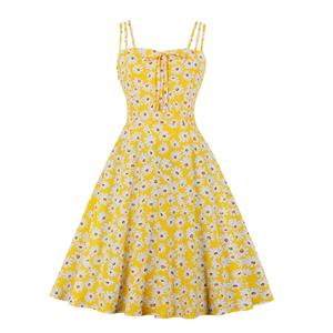 Cute Daisy Print Spaghetti Straps Sleeveless High Waist Summer Party Swing Slip Dress N20434