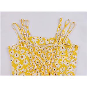 Cute Daisy Print Spaghetti Straps Sleeveless High Waist Summer Party Swing Slip Dress N20434