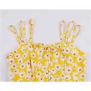 Cute Daisy Print Spaghetti Straps Sleeveless High Waist Summer Party Swing Slip Dress N20434